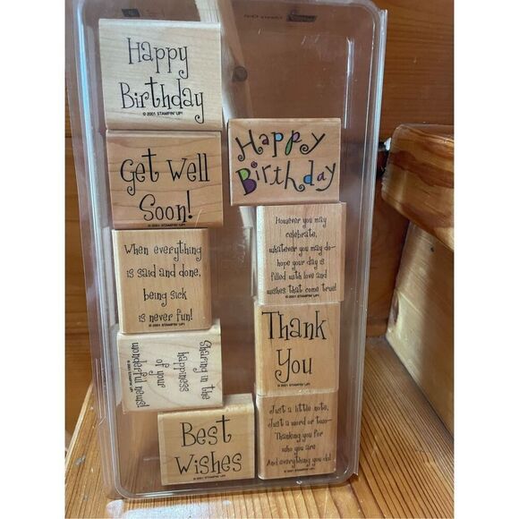 Stampin Up Cheery Chat set of 9 Rubber Stamps Wood Mounted Case - Picture 1 of 4